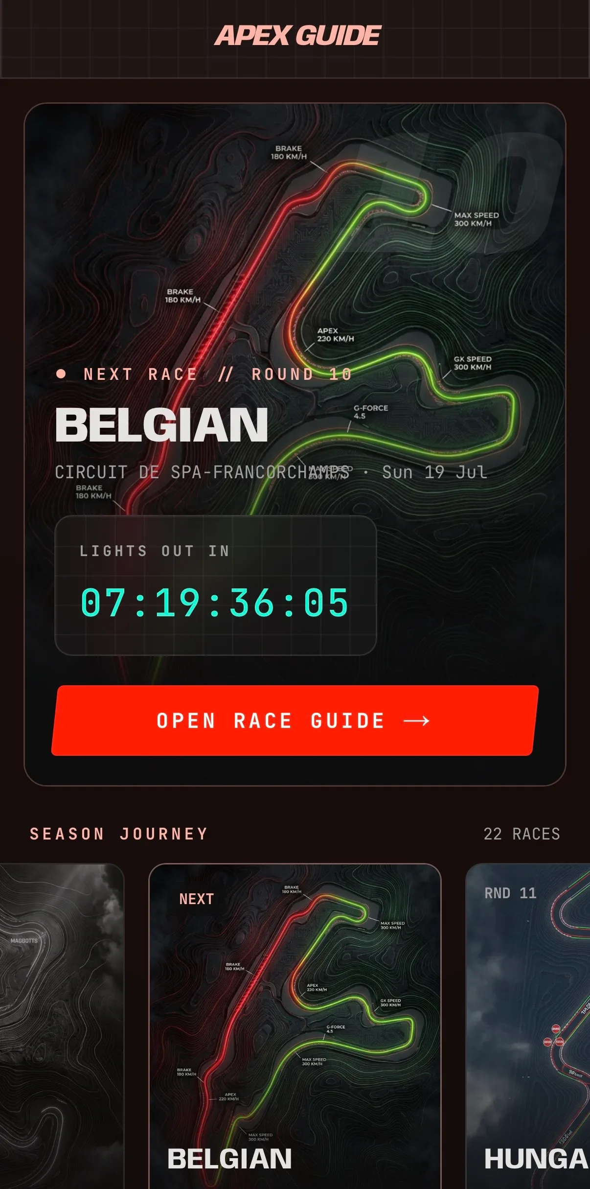 Apex Guide home: the next race with a live countdown to lights out, and the season journey rail.