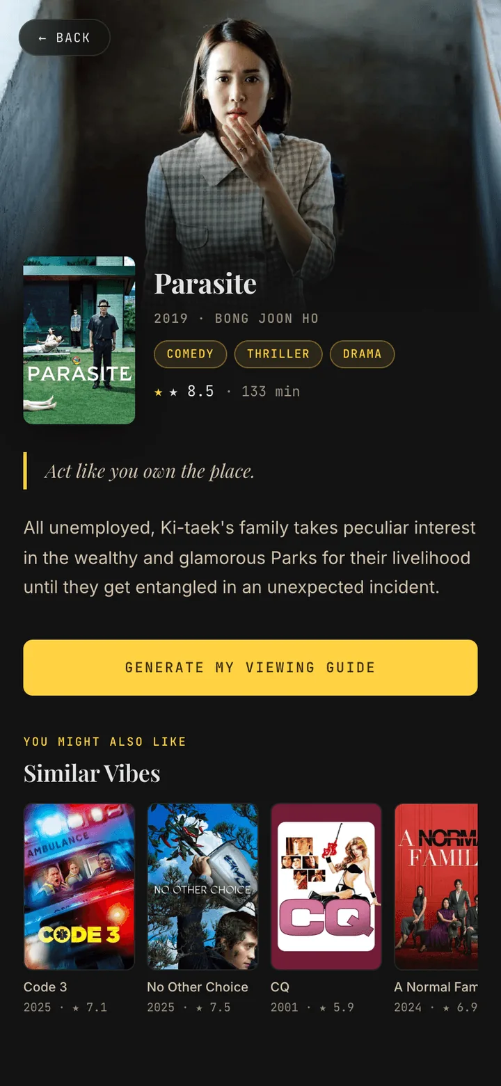 Film detail page with the Generate My Viewing Guide action and a Similar Vibes rail.
