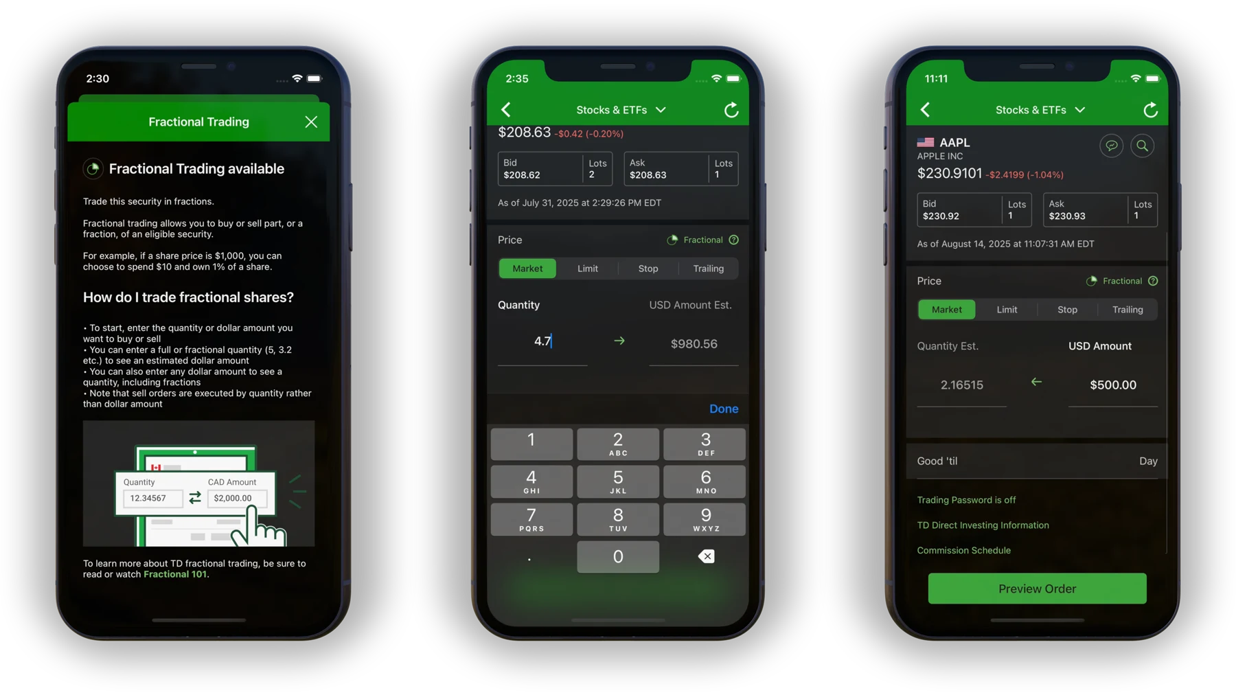 Three screens of the shipped feature: the fractional trading education sheet, the ticket converting a 4.7-share quantity into a live dollar estimate, and the dollar-first ticket turning $500 into an estimated quantity with Preview Order.