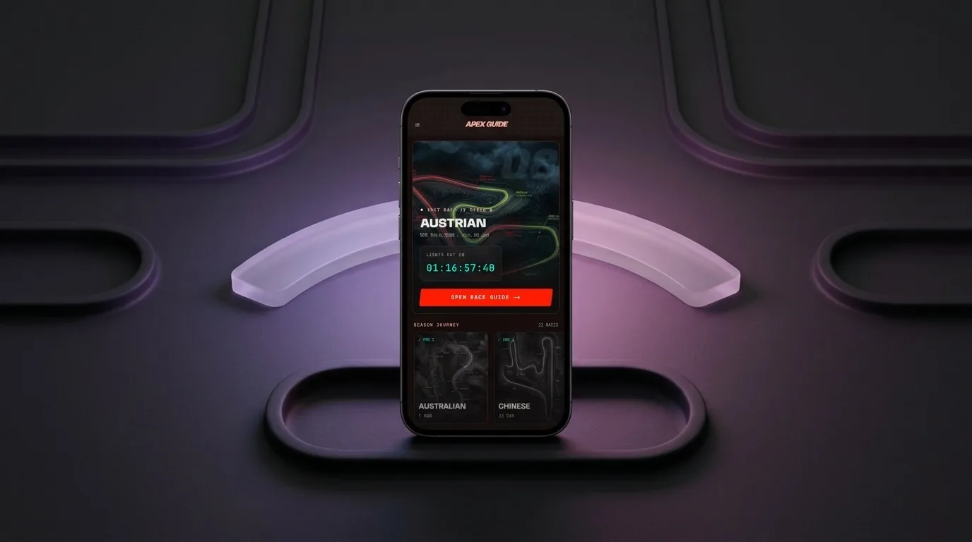 Apex Guide, the F1 race companion, shown on a phone in a dark studio render.