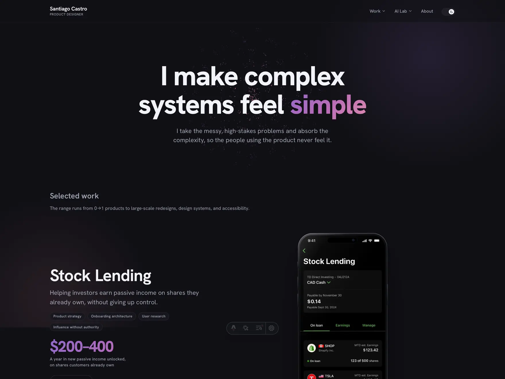 The santbar.com homepage in dark mode: the hero statement 'I make complex systems feel simple' and the first selected-work row.
