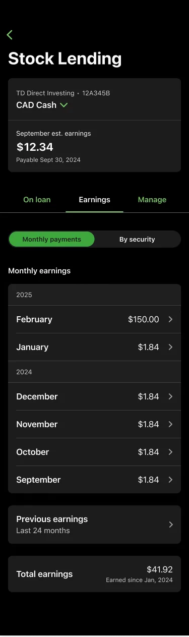 Stock Lending, Earnings tab: monthly payouts accruing, with a running total earned.
