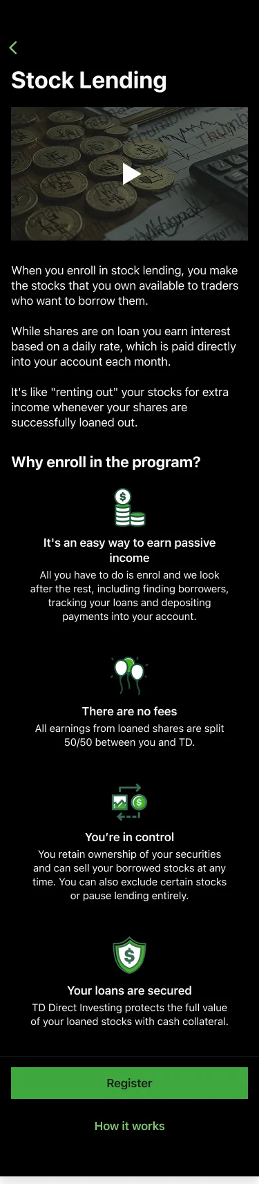 Stock Lending onboarding: a plain-language intro explaining that enrolling makes your shares available to borrowers, like renting out your stocks for extra monthly income.