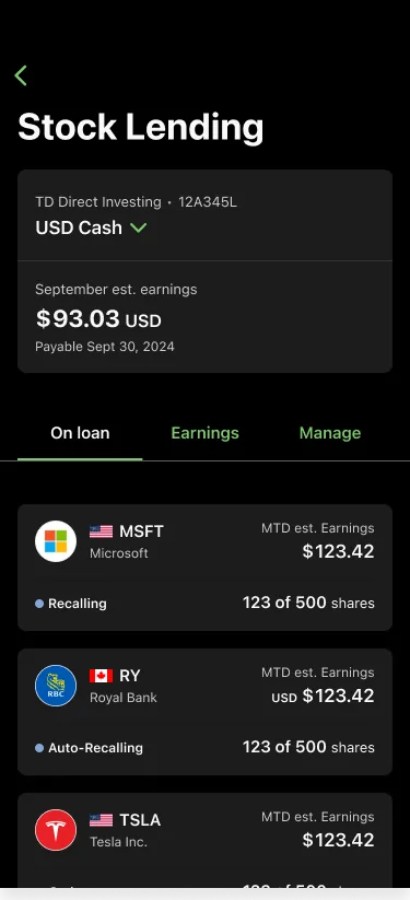 Stock Lending, On loan tab: shares out on loan with monthly estimated earnings and recall status per security.